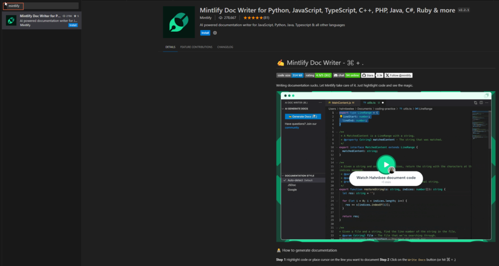 Visual Studio Code에서 Mintlify Doc Writer 검색